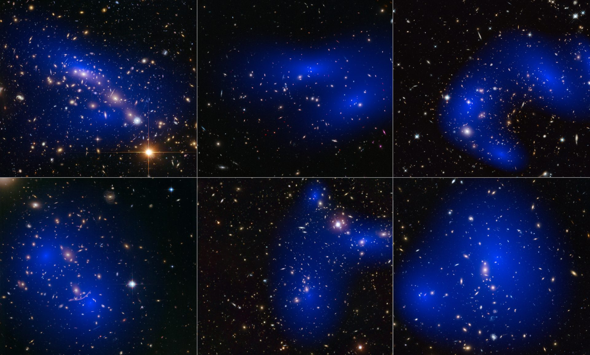 This collage shows NASA/ESA Hubble Space Telescope images of six different galaxy clusters. The clusters were observed in a study of how dark matter in clusters of galaxies behaves when the clusters collide. 72 large cluster collisions were studied in total.   Using visible-light images from Hubble, the team was able to map the post-collision distribution of stars and also of the dark matter (coloured in blue).   The clusters shown here are, from left to right and top to bottom: MACS J0416.1–2403, MACS J0152.5-2852, MACS J0717.5+3745, Abell 370, Abell 2744 and ZwCl 1358+62.